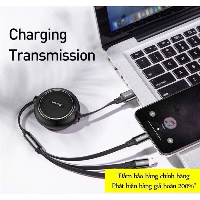 ✔SỈ✔Cáp sạc dây rút 3 đầu Baseus Golden Loop 3 in 1 Elastic (3.5A,Type C/ Lightning/Micro USB,Adjustable,Fast Charge Cab