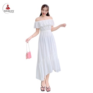 Đầm Nữ NHẬT VY Dáng Suông Trễ Vai Có Dây Cột Eo Chất Tầm Ý Đi Chơi Màu Đen, Trắng - D1988