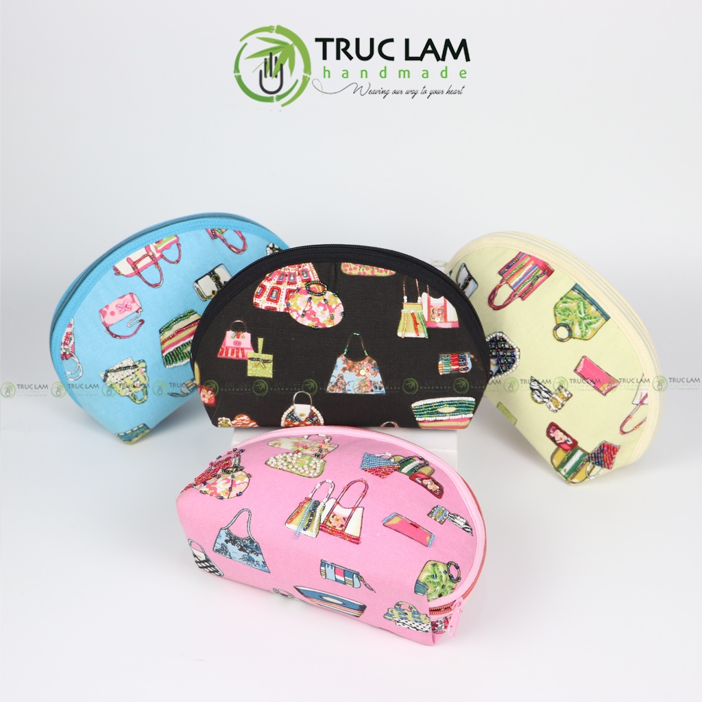 Ví Cầm Tay Túi Đựng Mĩ Phẩm Hình Bán Nguyệt Có Quai Xách Thêu Cườm Thủ Công - Trúc Lâm Handmade