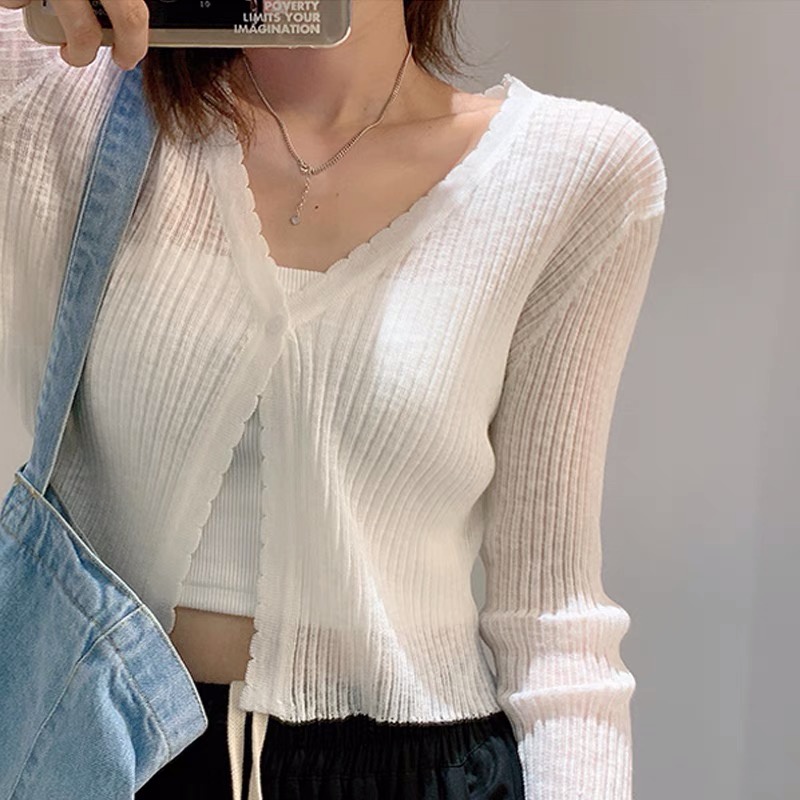 Áo khoác dệt kim mỏng dài tay cổ V forgirl kiểu dáng croptop