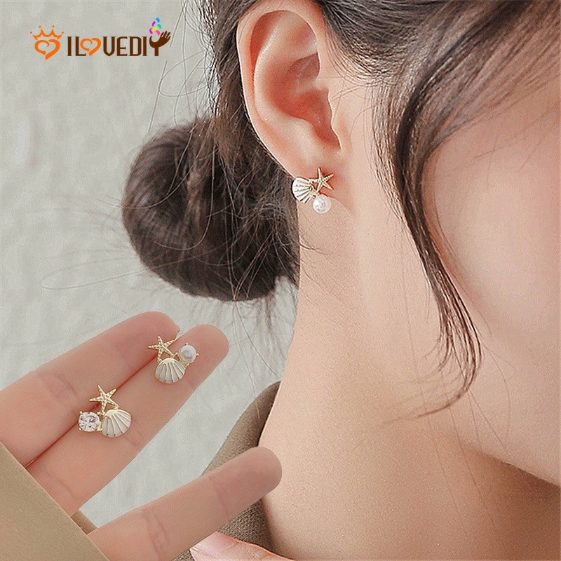 Bông Tai Hình Sao Biển / Vỏ Sò Đính Đá Zircon Ngọc Trai Phong Cách Bohemian Thanh Lịch Thời Trang Cho Nữ