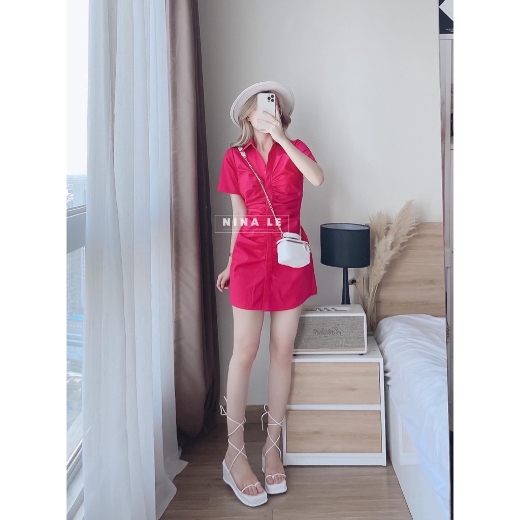 [Ảnh thật/Sẵn] Đầm - Váy sơ mi chất thô cổ đức nhún thân dáng ngắn giấu quần