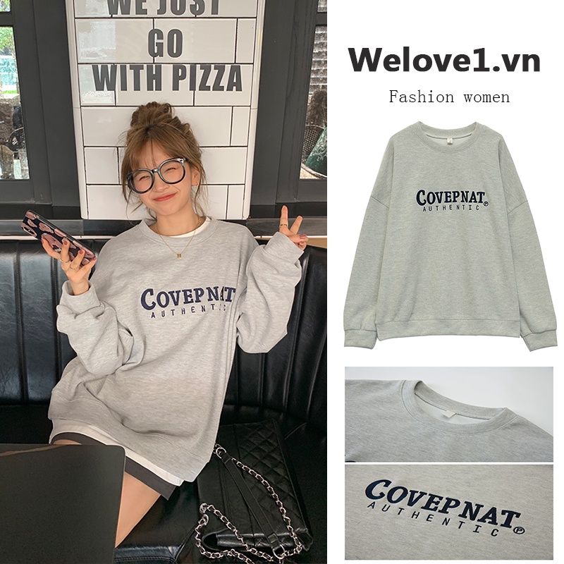 Áo Sweater Xám Dáng Rộng Dài Ngang Gối Vải Cotton Thêu Họa Tiết Kiểu Retro Mỹ Xinh Xắn Cho Bạn Gái