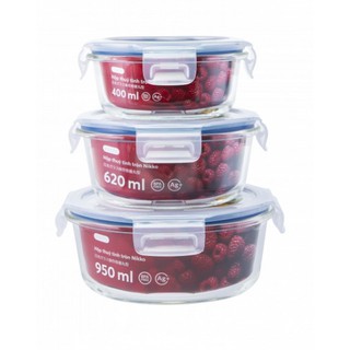 Hộp thủy tinh kháng khuẩn tròn nikko 400ml-620ml-950ml chính hãng inochi