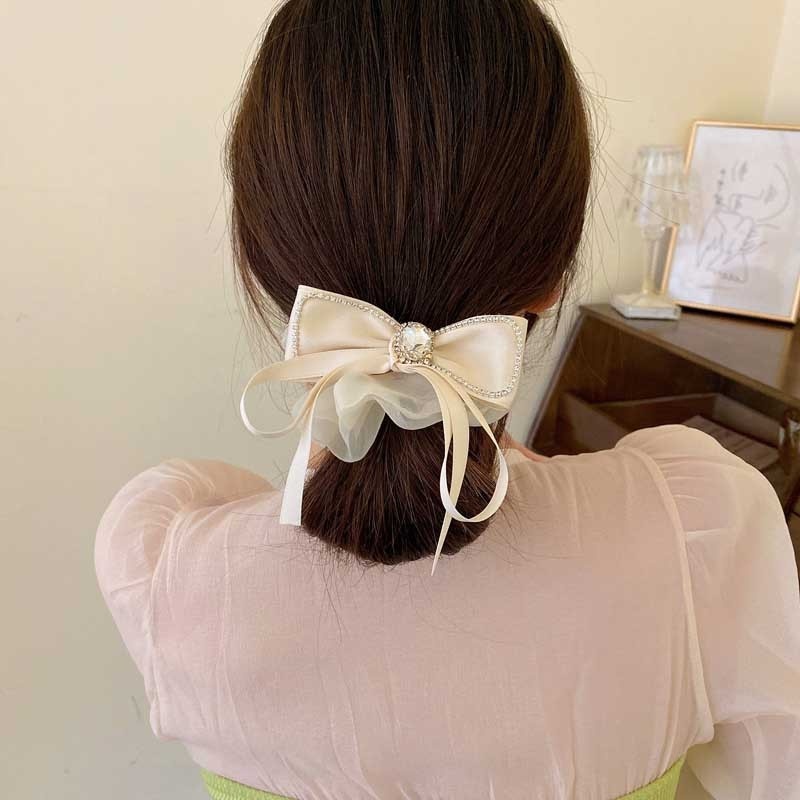 Dây Buộc Tóc Cao Su Co Giãn Phối Họa Tiết Nơ Kim Cương Cổ Điển Thời Trang Hàn Quốc Cho Nữ