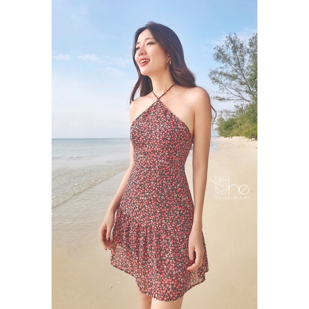 Đầm đi biển voan hoa đẹp She, đầm yếm sexy siêu dễ thương đi chơi nữ SDX143