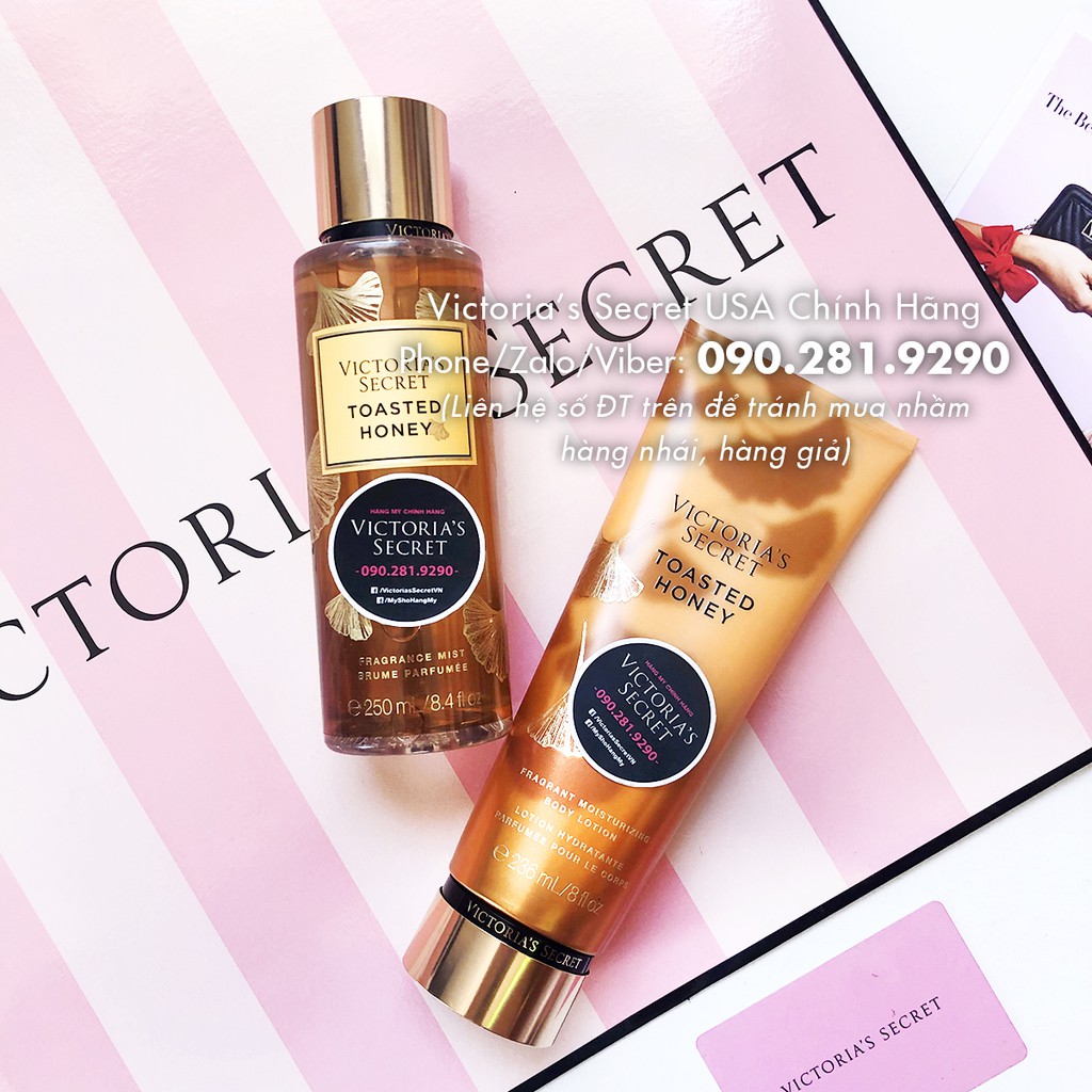 [Bill Mỹ 250ml] Nước hoa toàn thân Toasted Honey, hương mật ong, Kẹo lê. Hạt phỉ nướng - Victoria's Secret USA