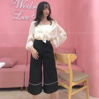 Quần culottes ống rộng mix line 🍒FREESHIP🍒 quần ống sớ công sở