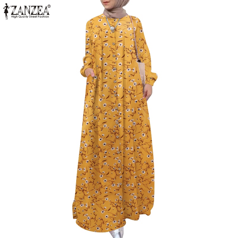 Đầm maxi Zanzea tay dài cổ tròn in họa tiết hoa thời trang cho nữ