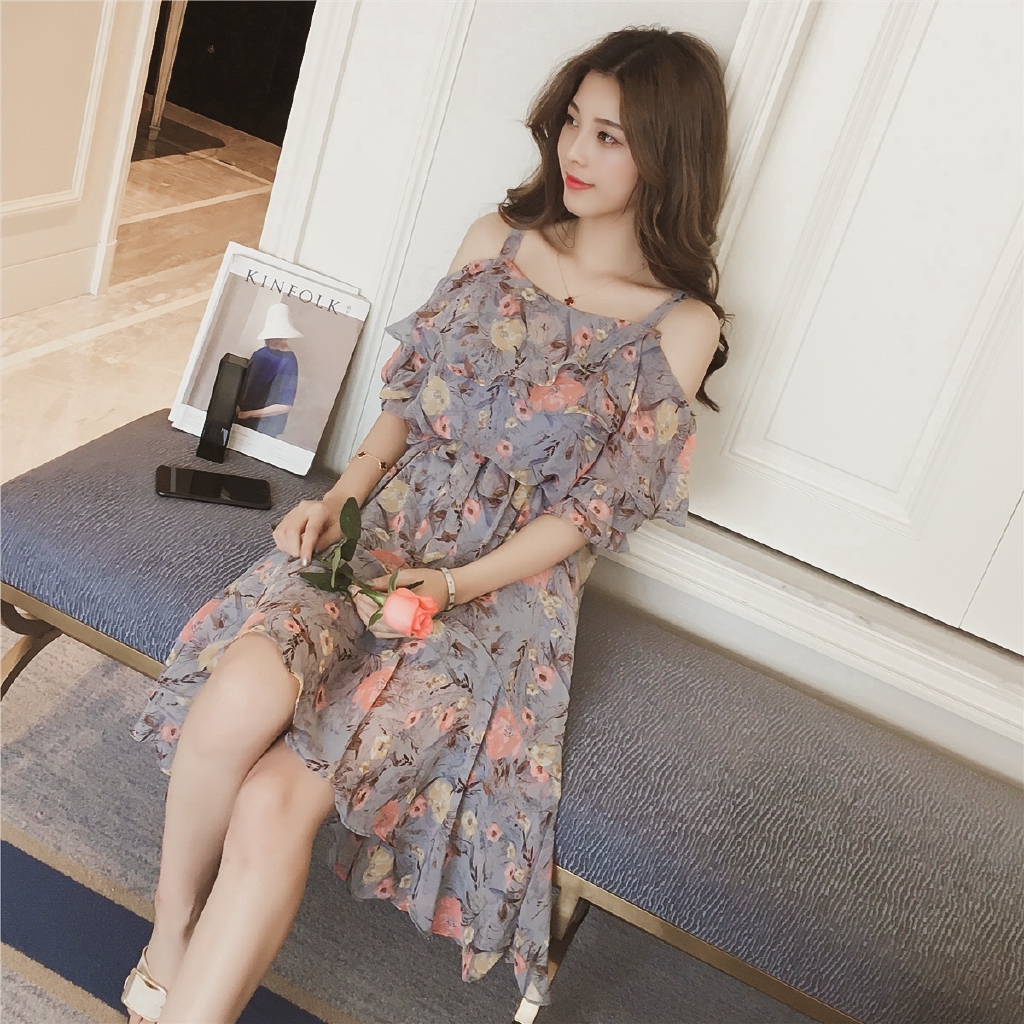 Đầm chất Chiffon hoạ tiết hoa thiết kế trễ vai quyến rũ