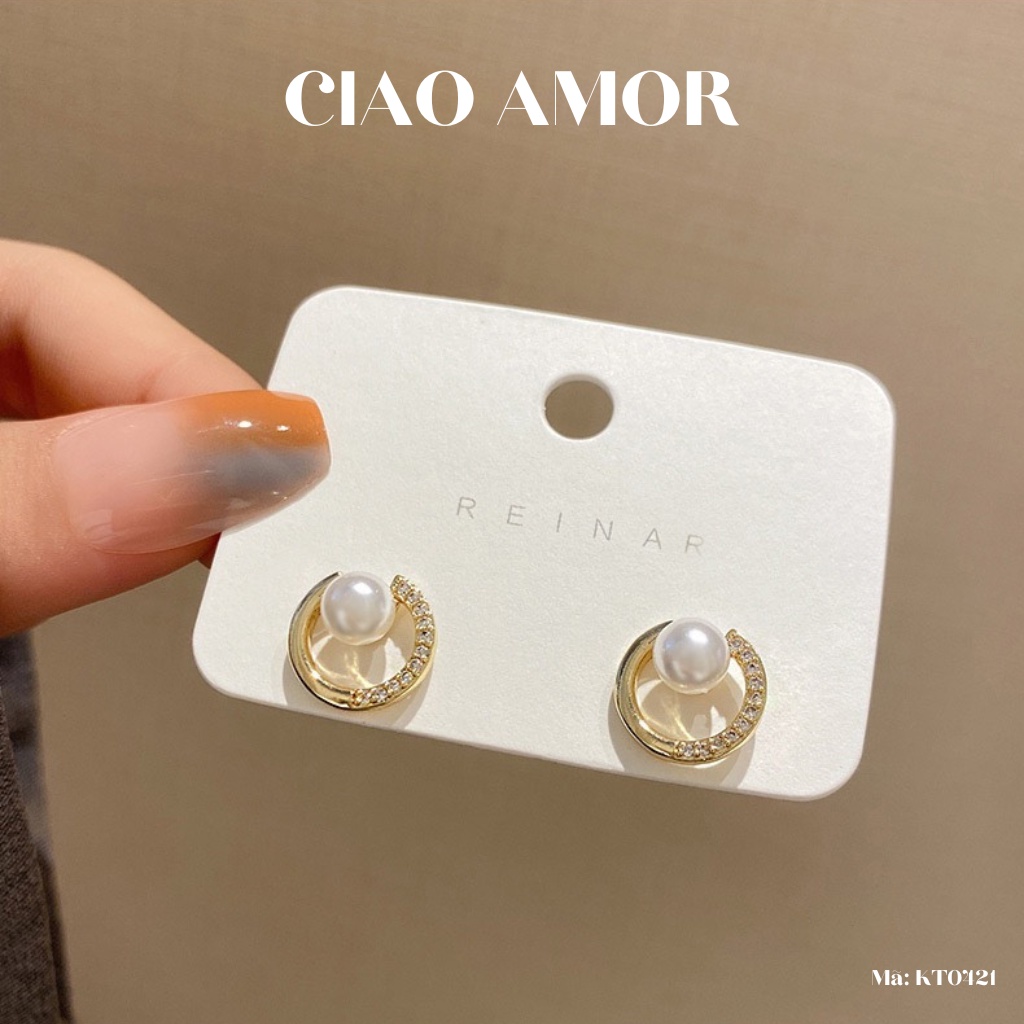 KT0421-Khuyên tai nữ, Bông tai nữ nụ tròn bạc 925 vòng nhỏ đính ngọc giữa Trang sức Ciao Amor