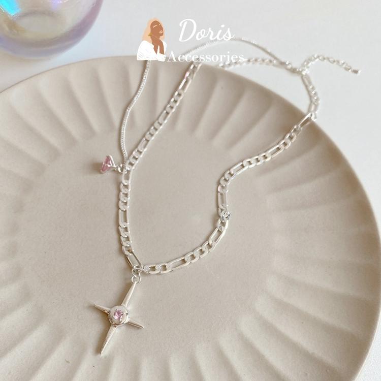 Vòng cổ nữ bạc 925 cao cấp, phối 2 lớp dây kết hợp mặt hình sao đính đá obsidian sang chảnh, quyến rũ