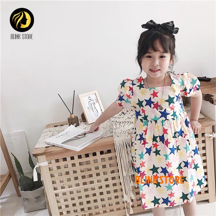 Váy bé gái mùa hè họa tiết sao tay bồng, chất liệu cotton, dáng xòe búp bê xinh yêu phong cách Hàn cho bé từ 3 đến 8t