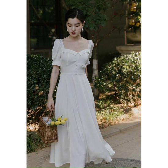 Váy trắng cổ bẻ tay nhún bèo dáng xoè, phong cách vintage - Từ tiệm váy nàng Thị | BigBuy360 - bigbuy360.vn