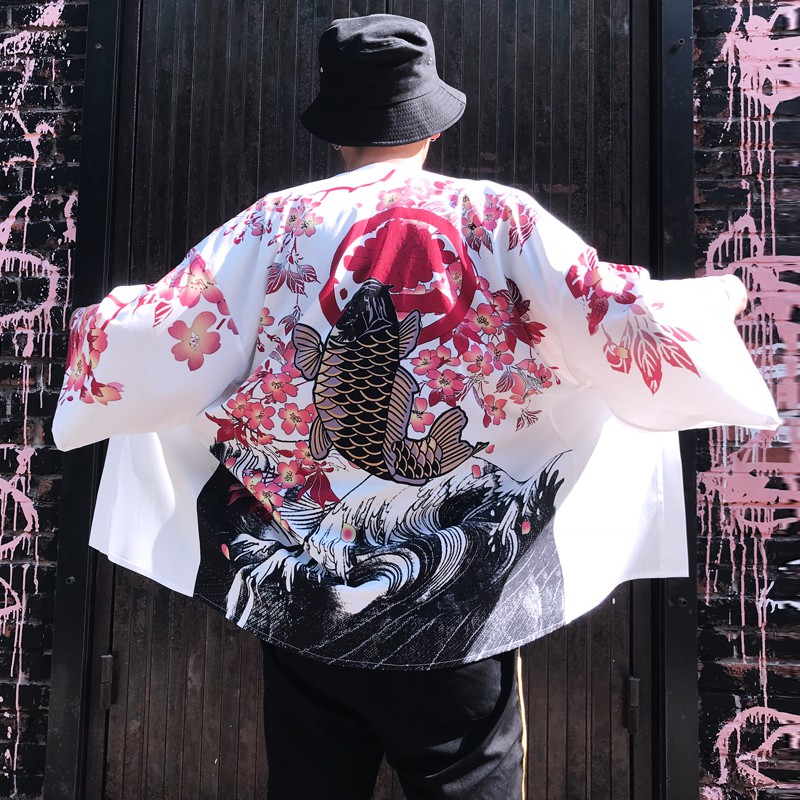 Áo Khoác Cardigan Nam Nữ dáng Kimono Haori Cá KOI Cá Chép màu đen trắng phong cách Nhật Bản Cosplay cho các tín đồ Anime