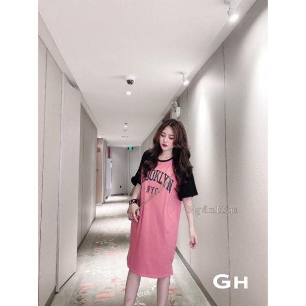 Đầm Dáng Suông Váy Dáng Dài Tay Lỡ Tay Phối Viền Đen Họa Tiết Chữ NYC Chất Thun Cotton Hàng VNXK | BigBuy360 - bigbuy360.vn