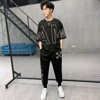 Bộ Đồ Thể Thao Áo Thun Tay Lửng Phối Quần Lửng Dáng Rộng Kiểu Hàn Quốc Thời Trang Mùa Hè Cho Các Cặp Đôi Cỡ S-3XL
