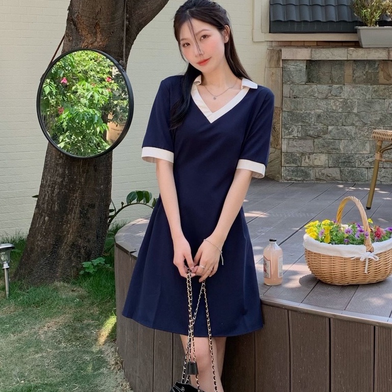Đầm Thun polo Ôm Eo Cổ Chữ v Màu Sắc Tương Phản Thời Trang Mùa Hè Dành Cho Nữ