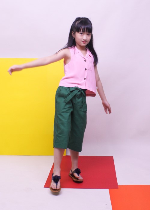 Quần culottes linen xanh rêu bé gái Jadiny