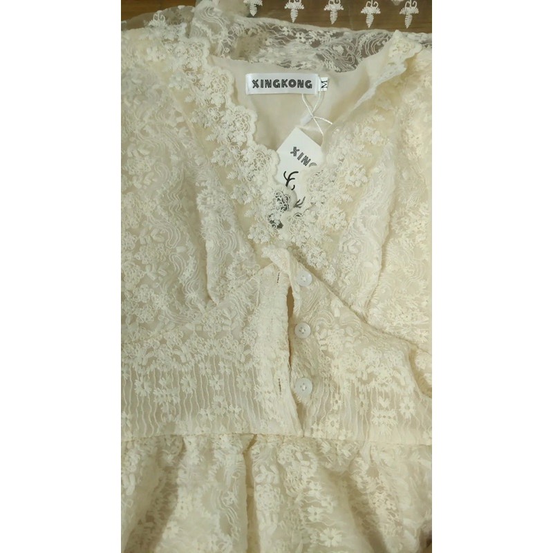 Váy ren cổ v dáng dài vintage / váy ren tiểu thư