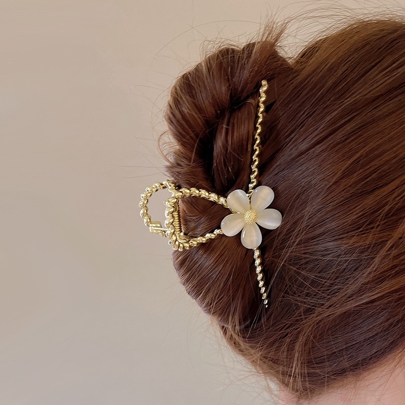 Kẹp tóc hoa retro kim loại tinh tế đính đá hoa và ngọc, kẹp tóc sau đầu cho nữ phong cách Hàn Quốc