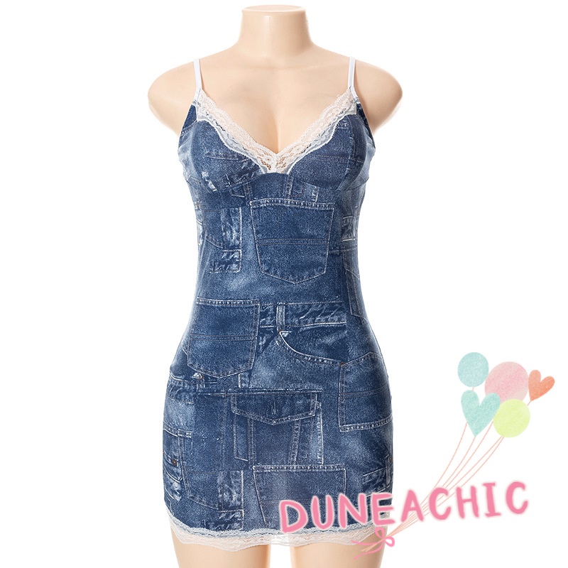 Đầm DUNEA/ Set áo hai dây denim và chân váy DUNEA lưng thấp in họa tiết thời trang mùa hè