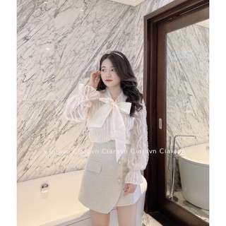 áo tơ ren nơ cổ