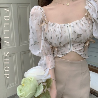 Áo Tiểu Thư | Áo Chiffon Croptop Vải Voan Tay Phồng Cổ Vuông Khóa Kéo Trước Hoa Nhí Hàn Quốc Xinh Xắn Ulzzang