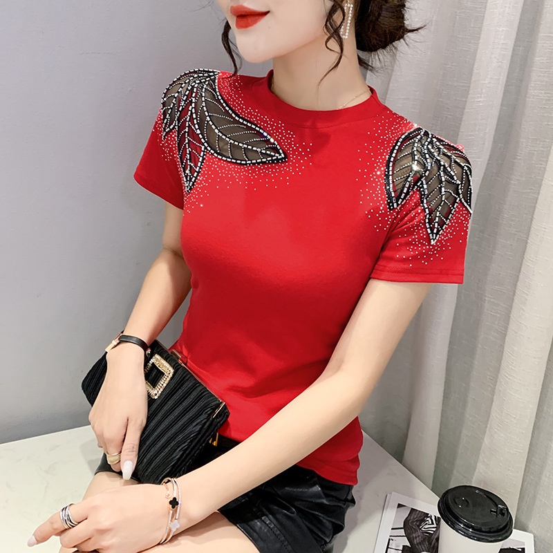 Áo lưới nữ áo thun tay ngắn nữ Tròn Phối Ren Đính Đá Phong Cách Mới