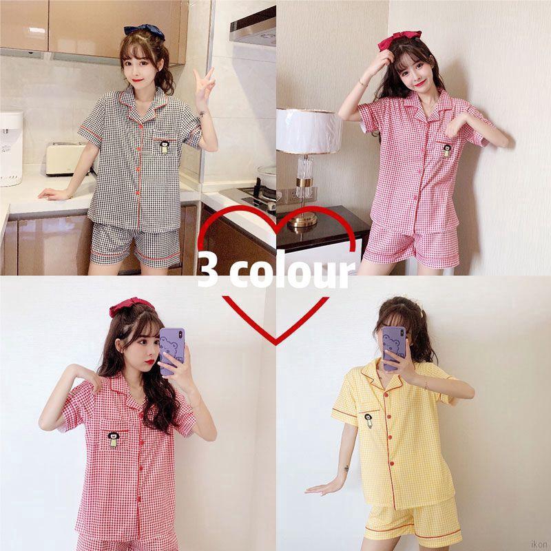 Bộ đồ ngủ ngắn tay họa tiết sọc caro xinh xắn cho nữ