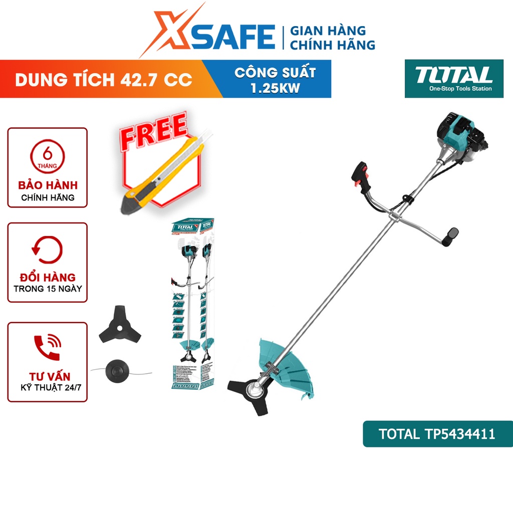 Máy cắt cỏ 2 thì TOTAL TP5434411 dùng xăng, tốc độ tối đa 9000 vòng/phút Đường cắt tối đa 420mm - Chính hãng