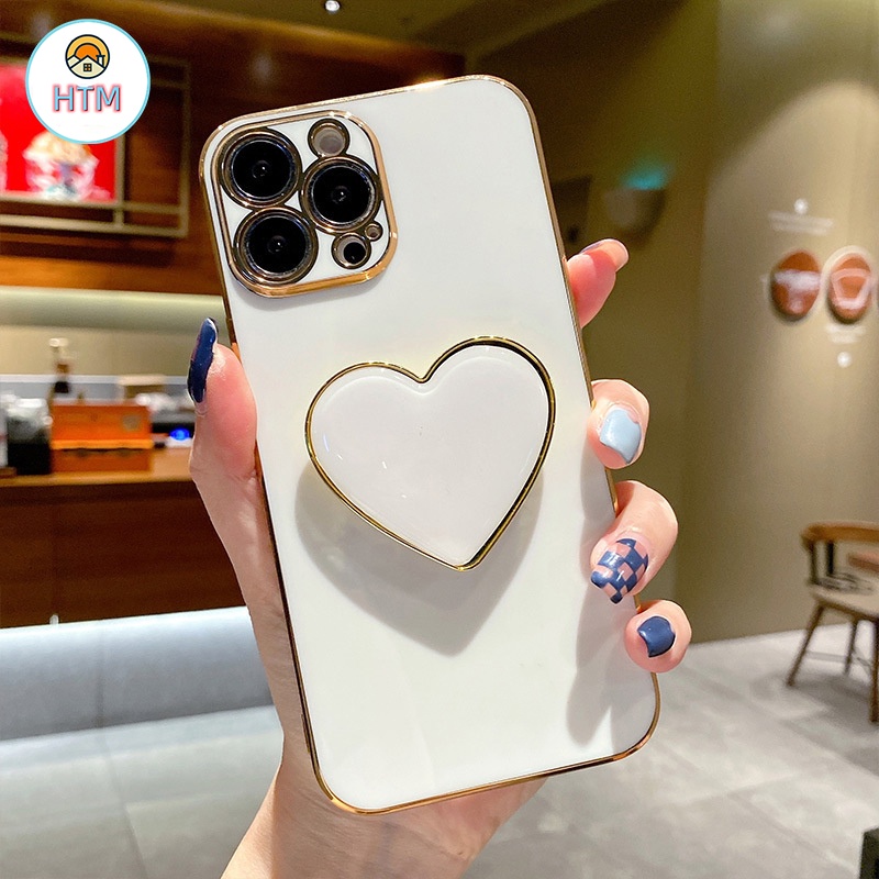 Ốp Điện Thoại Silicon Dẻo Tráng Gương Kèm Giá Đỡ Hình Trái Tim Sang Trọng Cho iPhone 13 12 Pro Max 11 Pro XS Max X XR 7 8