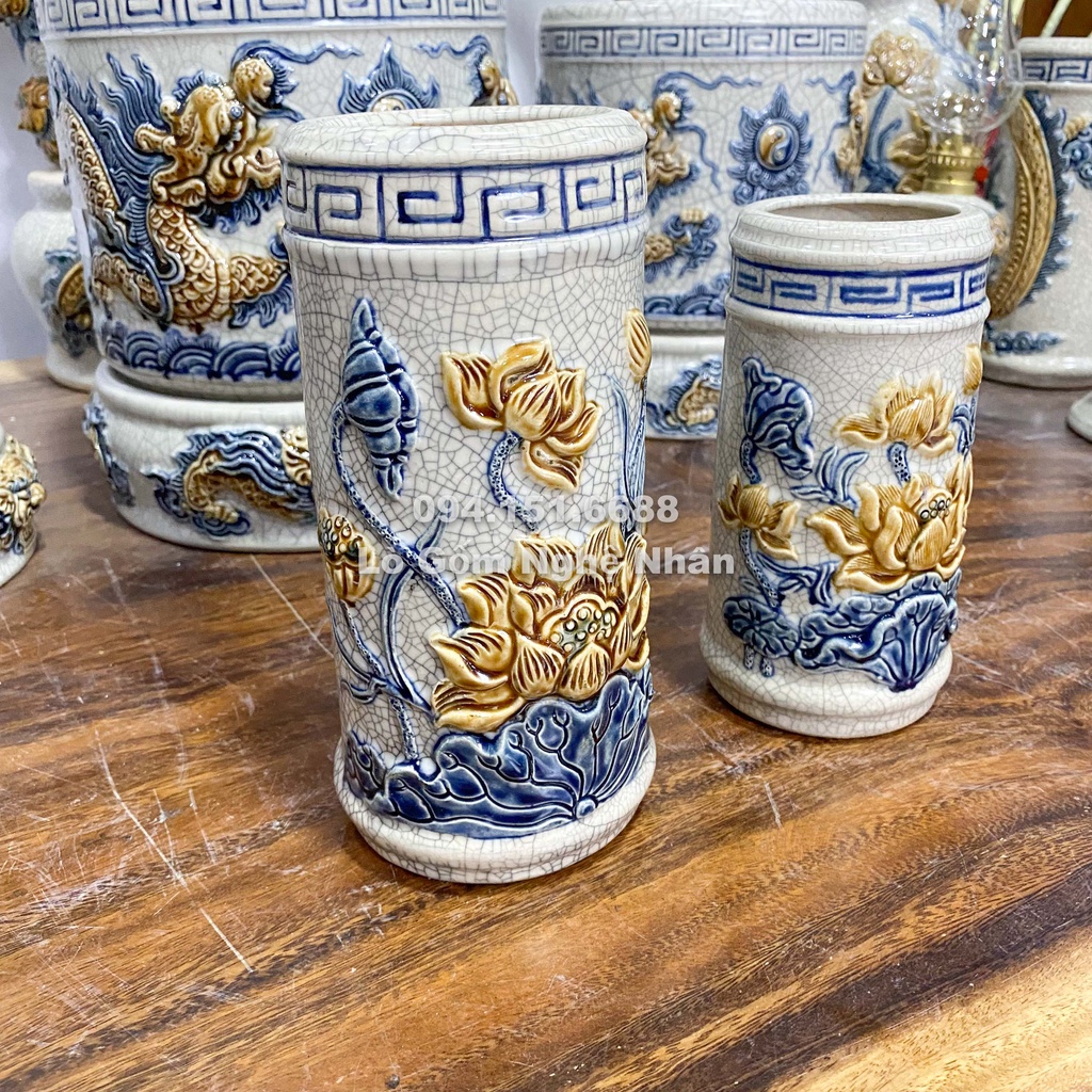 Lọ Đựng Hương, Ống Cắm Hương Rồng, Sen Thờ Cúng men rạn Bát Tràng