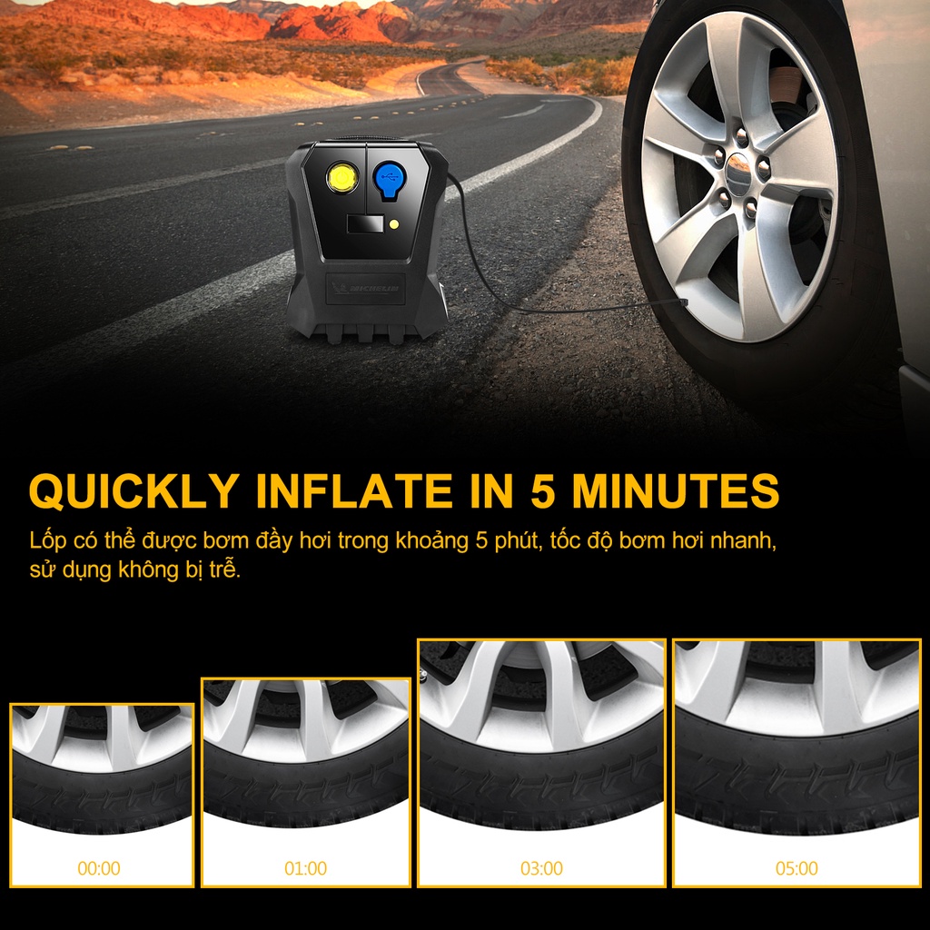 Máy Bơm Lốp Ô tô Michelin Cao Cấp Đa Năng Tự Ngắt 12v xe hơi Cho Xe Hơi từ 4 đến 16 chỗ，xe máy máy bơm lốp