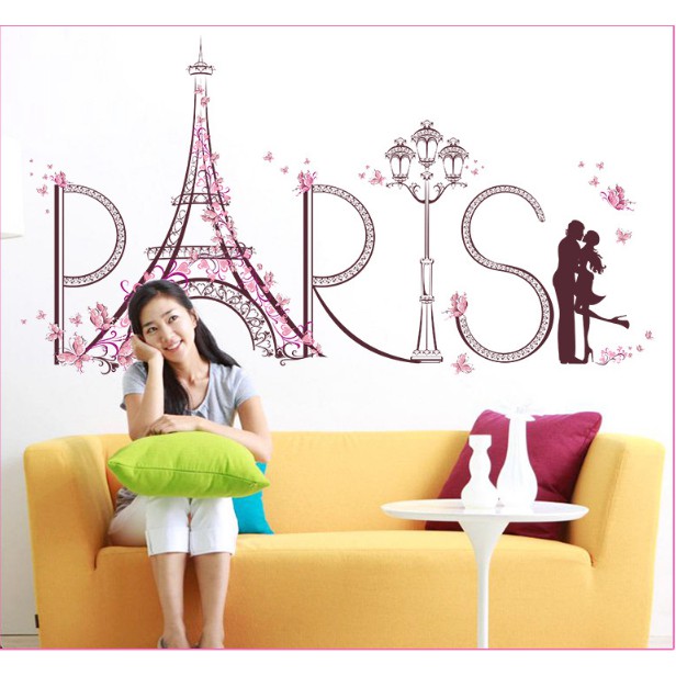 Decal trang trí tường - Tháp PARIS Bướm Hồng Romantic