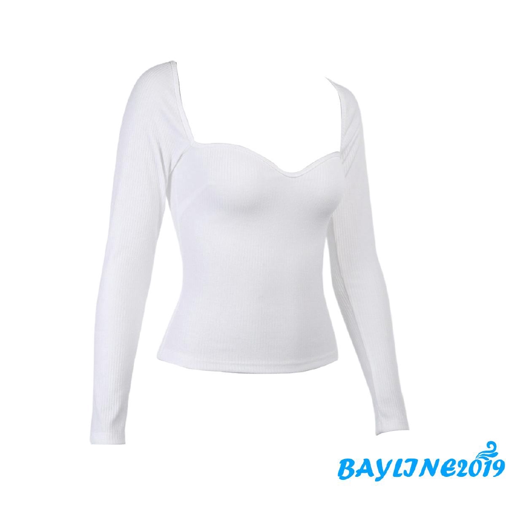 Áo thun tay dài cổ vuông màu trơn quyến rũ | BigBuy360 - bigbuy360.vn