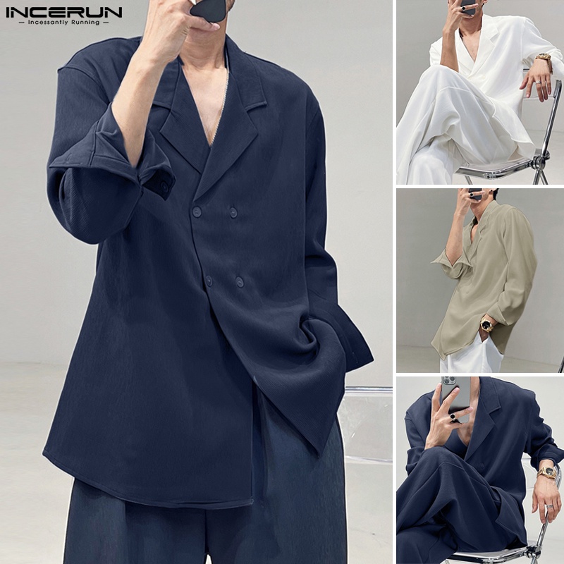 Áo sơ mi INCERUN tay dài màu trơn thời trang mùa thu cho nam