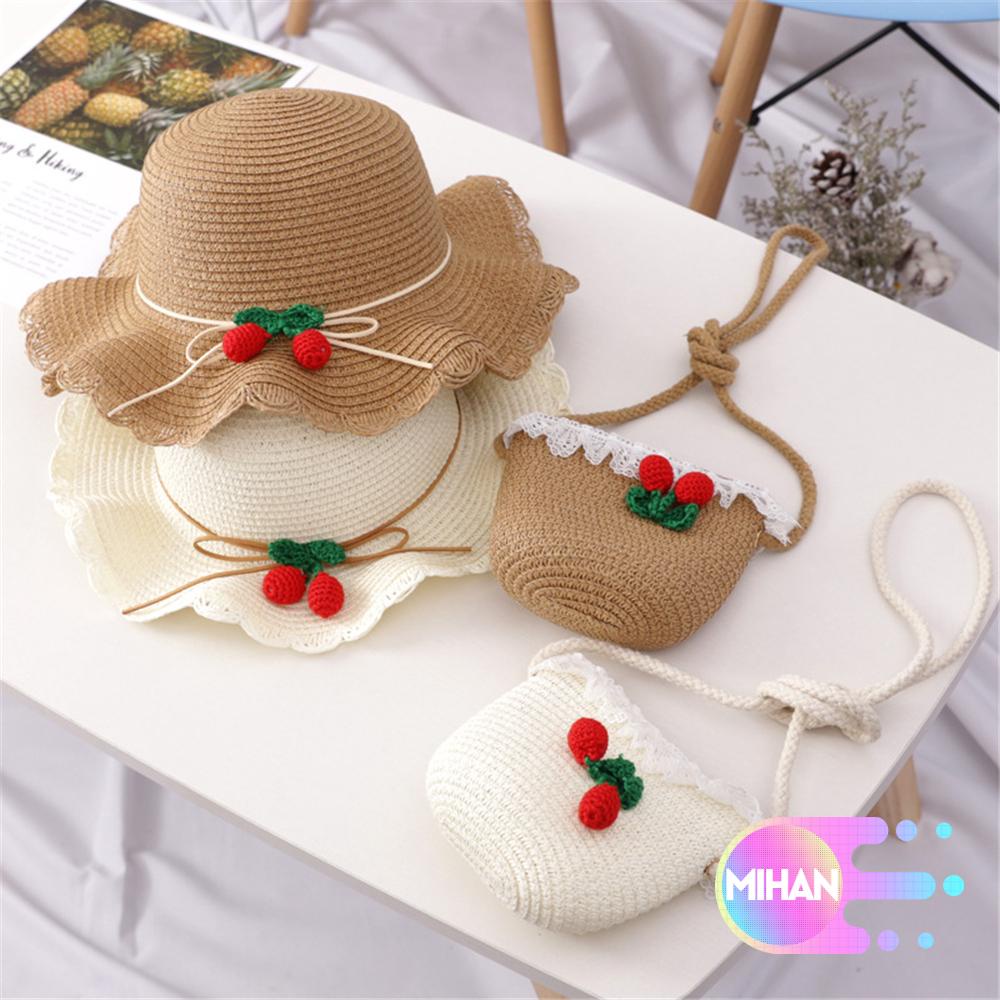 Túi/ mũ cói rộng vành đính quả cherry dễ thương thời trang cho bé gái
