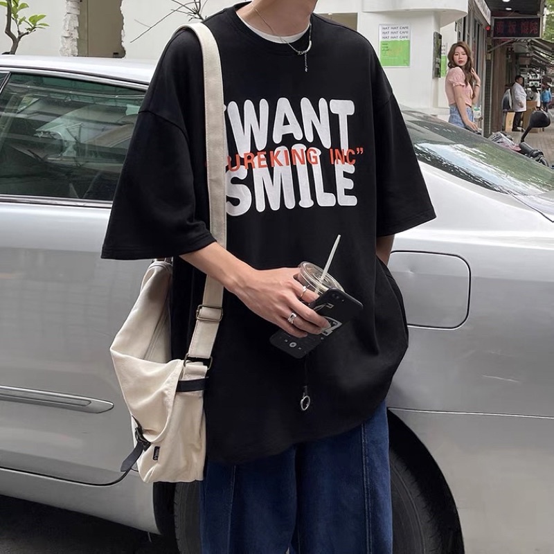 ÁO THUN TAY LỠ FORM RỘNG UNISEX I WANT SMILE