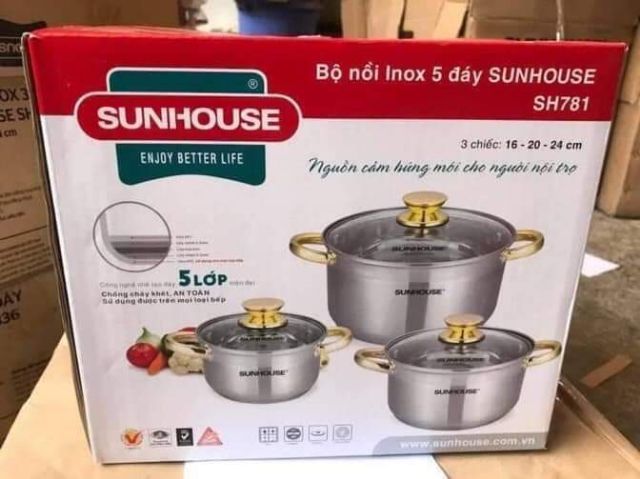 Bộ 3 nồi  SUNHOUSE 781 5 đáy về hàng
