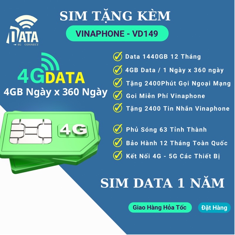 Mua 1 Tặng 1 Sim VD149 , Data 1440GB , Miễn Phí Gọi . Sim Sử Dụng 12 Tháng
