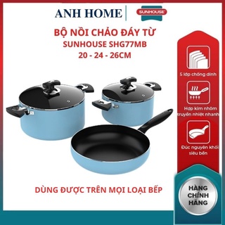 Bộ nồi nhôm chảo chống dính đáy từ SHG77MB SUNHOUSE 2 nồi 1 chảo tiện dụng đáp ứng nhu cầu nấu nướng