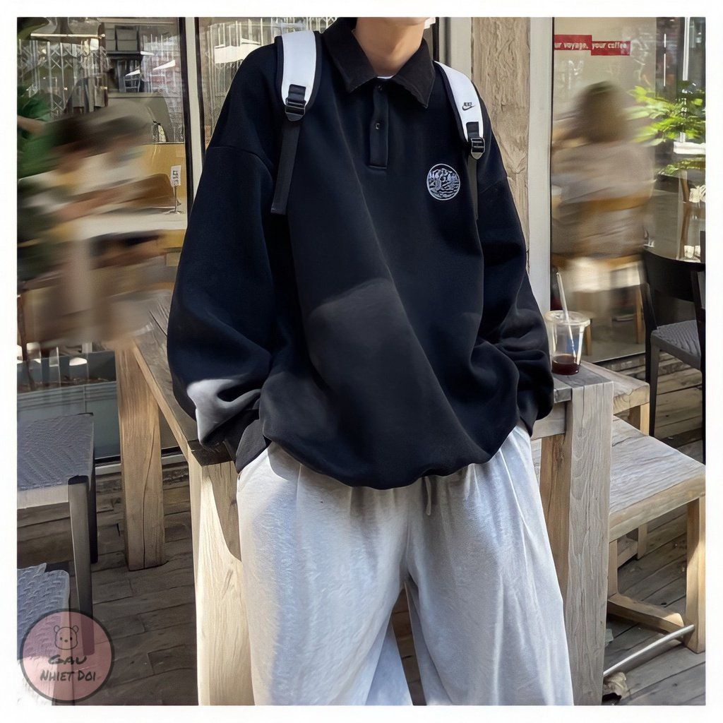 Áo Sweater Nỉ Unisex Logo Ngực Cổ Polo Dài Tay 2 Màu Đen/Xám Freesize Thời Trang Nam