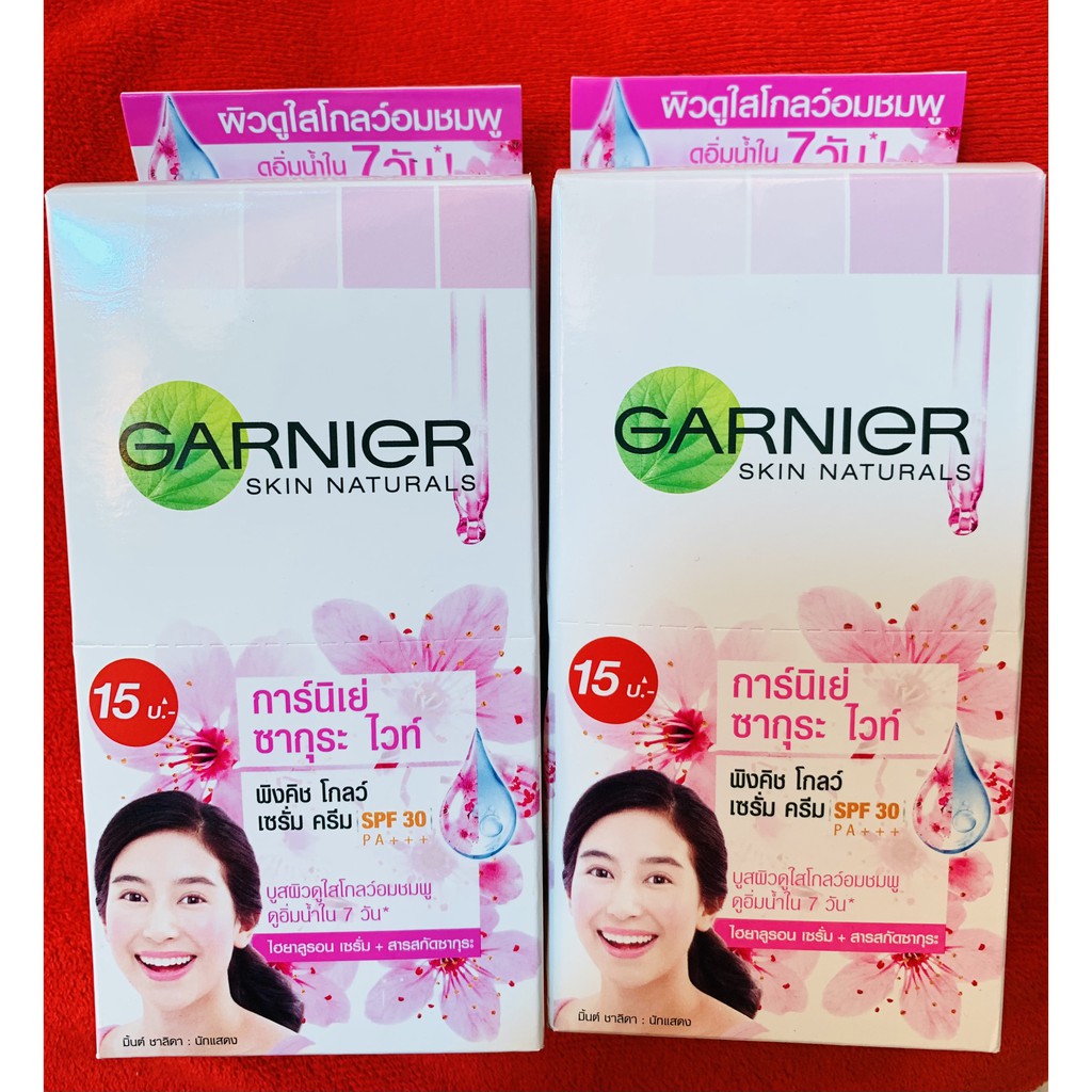 (HỘP 6 GÓI)KEM DƯỠNG DA CHỐNG NẮNG GARNIER SKIN NATURALS SAKURA WHITE PINKISH GLOW SERUM CREAM SPF30/PA+++(7ML/GÓI)