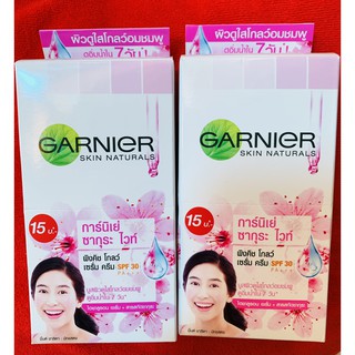 (HỘP 6 GÓI)KEM DƯỠNG DA CHỐNG NẮNG GARNIER SKIN NATURALS SAKURA WHITE PINKISH GLOW SERUM CREAM SPF30/PA+++(7ML/GÓI)