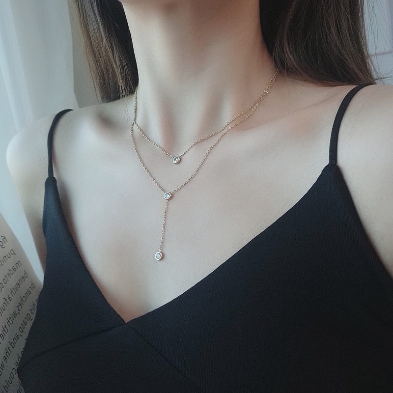Dây chuyền hai lớp bằng thép titan mạ vàng hồng / vàng 18K đính đá zircon phong cách Nhật Hàn cá tính dễ phối đồ