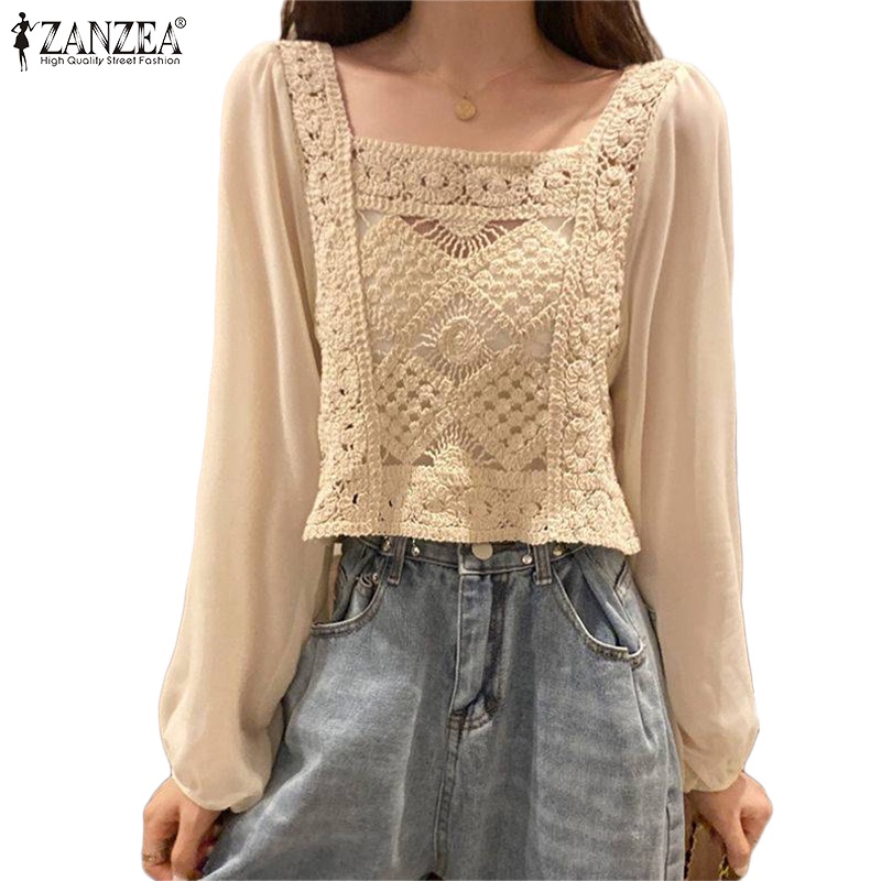 Zanzea Áo Croptop Cổ Vuông Tay Phồng Phong Cách Hàn Quốc Ngọt Ngào Cho Nữ