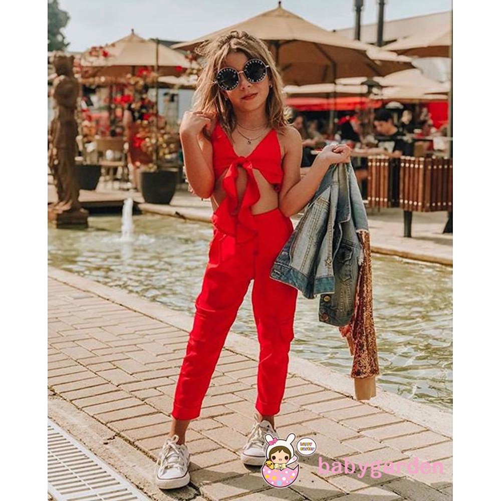 Bộ áo bèo nhún màu đỏ dạng buộc + quần lưng thun thời trang mùa hè cho bé gái