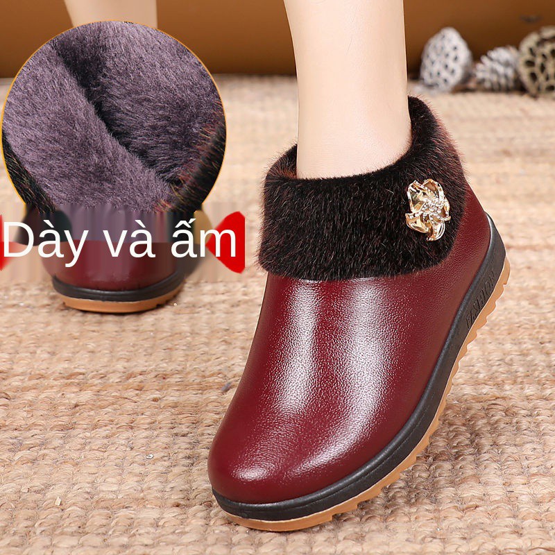 Giày cotton mùa đông, vải nữ, bề mặt da, chống thấm nước và giữ ấm, nhung cho mẹ, ủng bông trượt người trung niên c