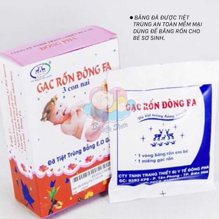 Gạc Rốn Đông Fa – Băng rốn cho trẻ sơ sinh, có thể dùng để băng chân, băng vết thương (1 hộp gồm 3 gạc và 3 băng thun)